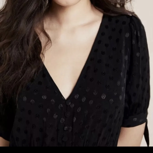 Maeve Anthropologie Button Up Black Eudora Midi Dress Satin Textured Polka Dots - Picture 5 of 6